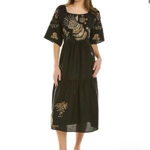 NWT Silk Embroidered Black Midi Dress